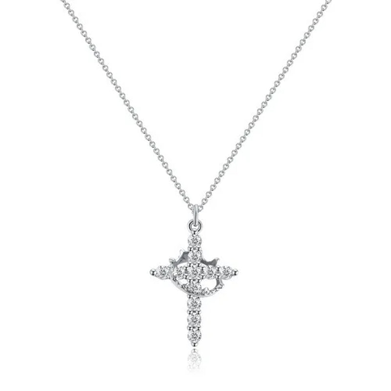 European American Fashion Zircon Cross Pendant Necklace for Women Crown Stainless Steel Rotating Necklace Jewelry Accessories