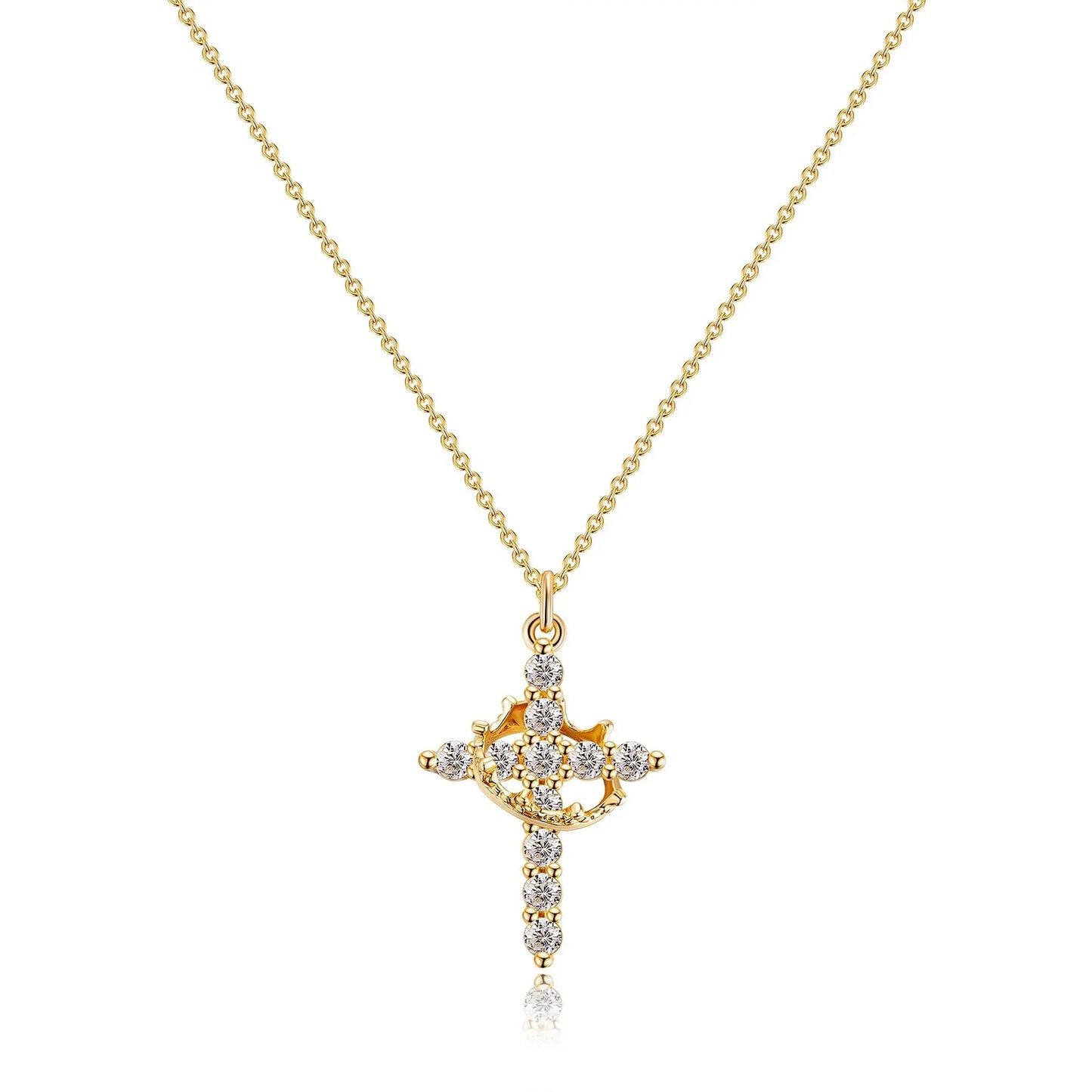 European American Fashion Zircon Cross Pendant Necklace for Women Crown Stainless Steel Rotating Necklace Jewelry Accessories