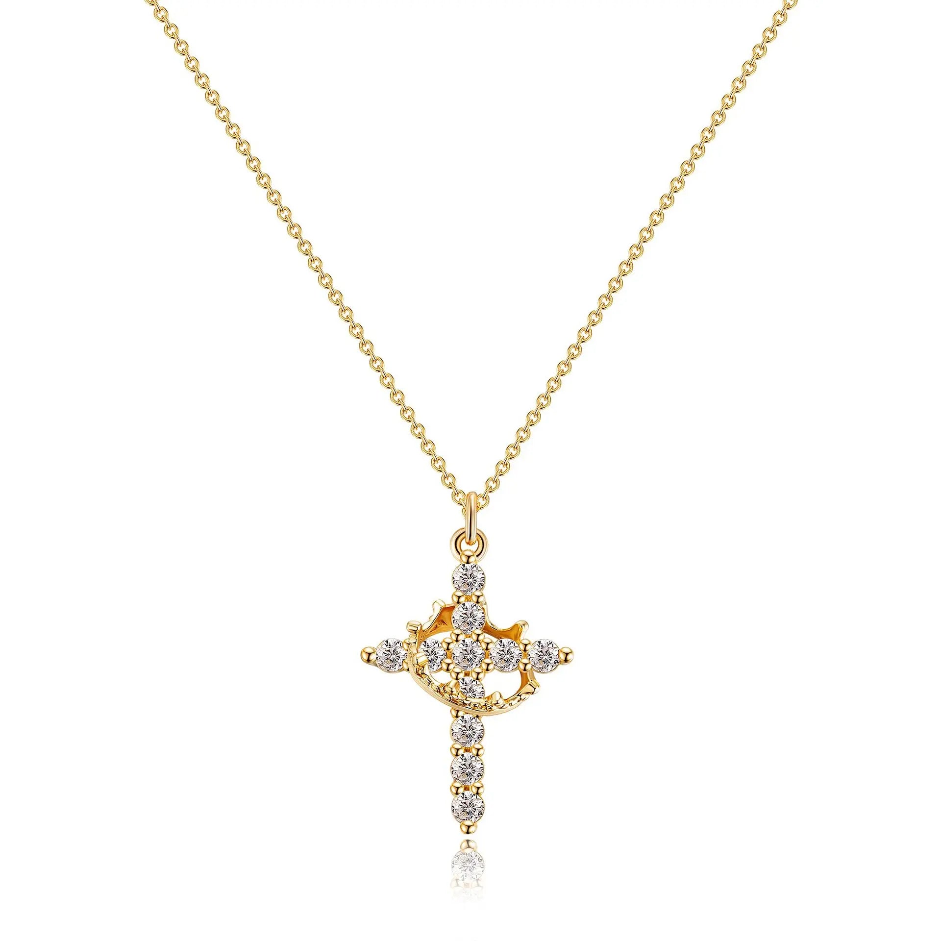 European American Fashion Zircon Cross Pendant Necklace for Women Crown Stainless Steel Rotating Necklace Jewelry Accessories
